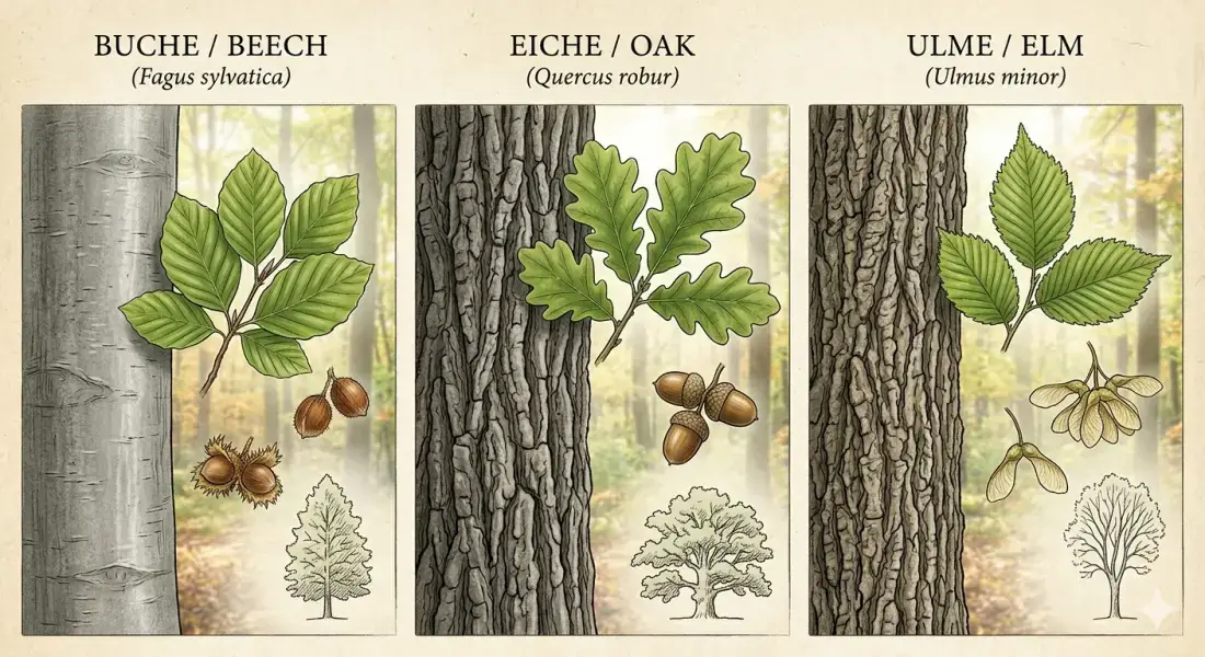 ドイツの樹木比較：ブナ、オーク、ニレの樹皮、葉、実の違い