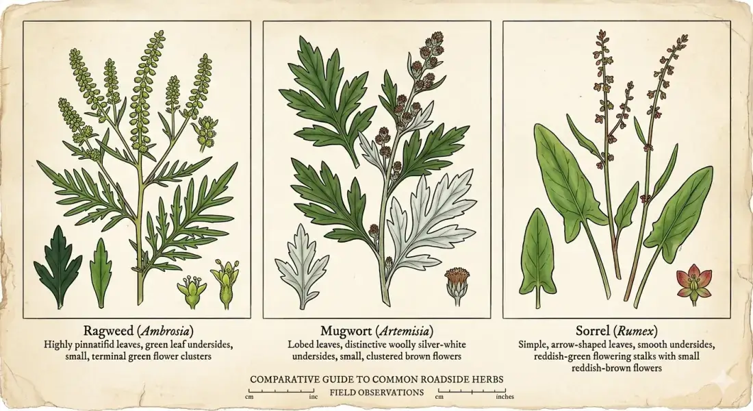 ドイツの花粉症の原因となるブタクサ、ヨモギ、スイバの比較イラスト
